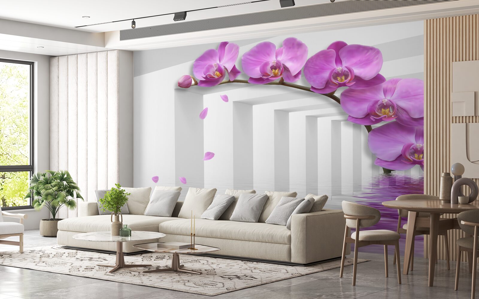 Фотошпалери бузкова орхідея на гілці в оточенні білих арок