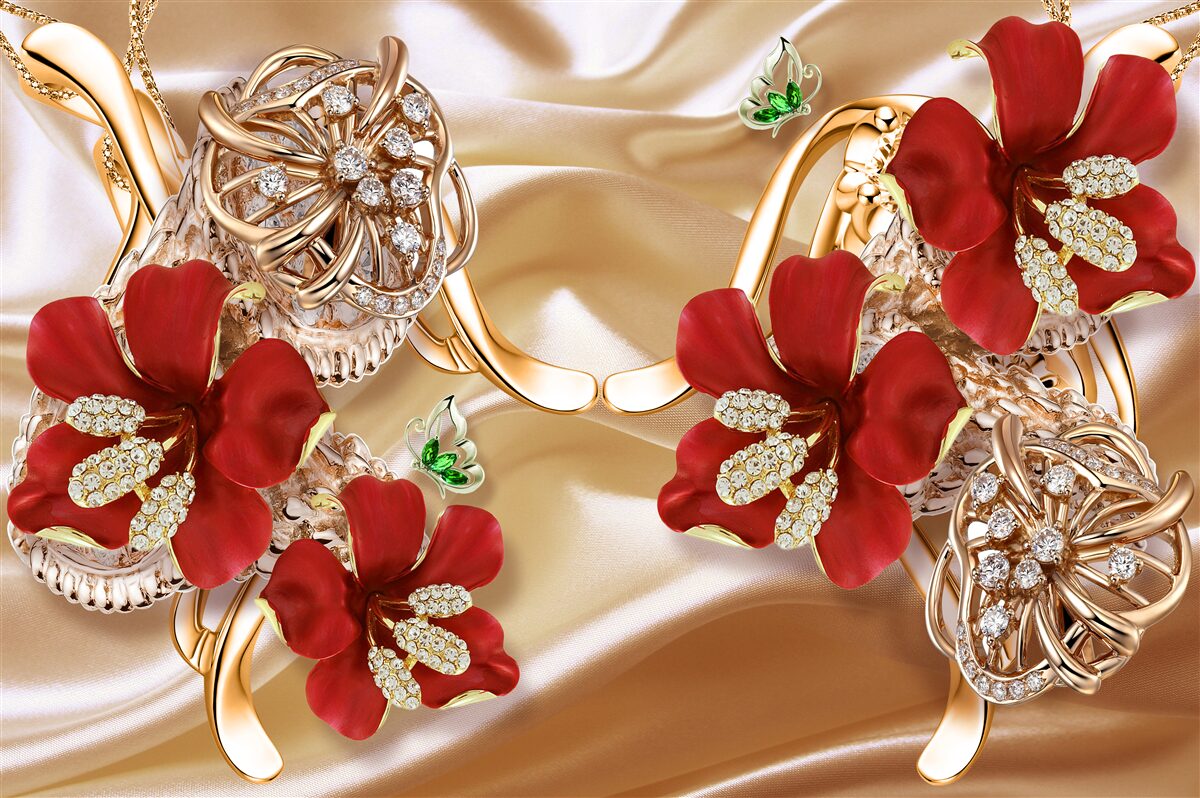 Фотошпалери червоні бутони, прикрашені декоративними елементами на золотому шовку