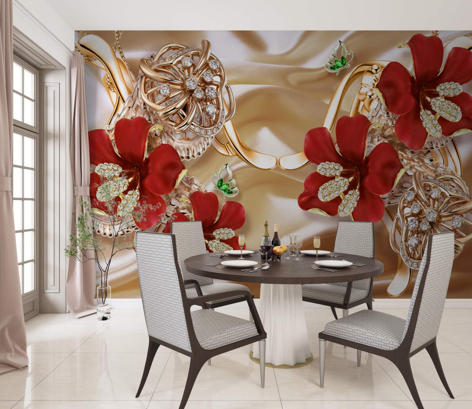 Фотошпалери червоні бутони, прикрашені декоративними елементами на золотому шовку