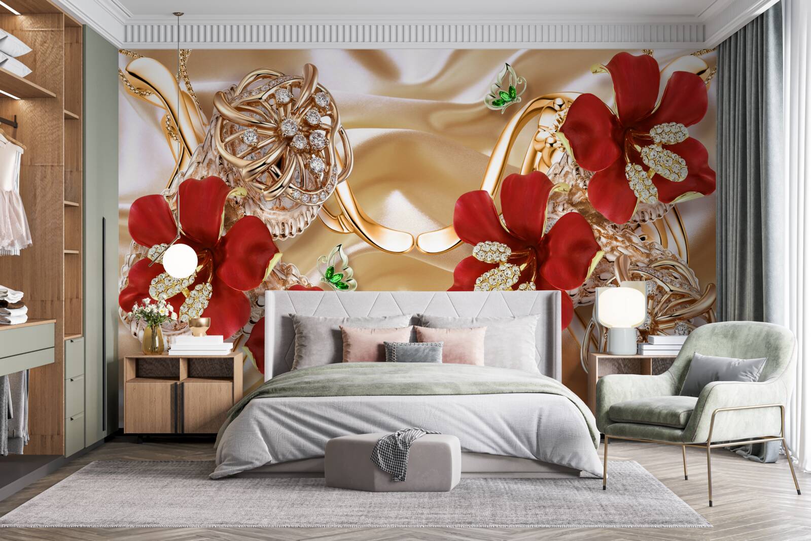 Фотошпалери червоні бутони, прикрашені декоративними елементами на золотому шовку