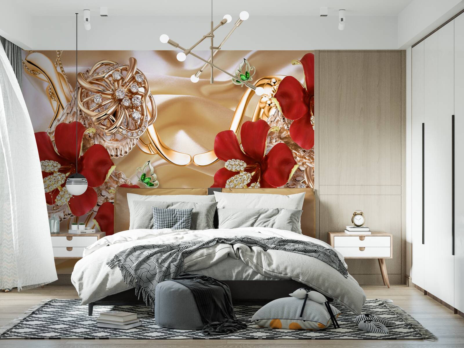 Фотошпалери червоні бутони, прикрашені декоративними елементами на золотому шовку