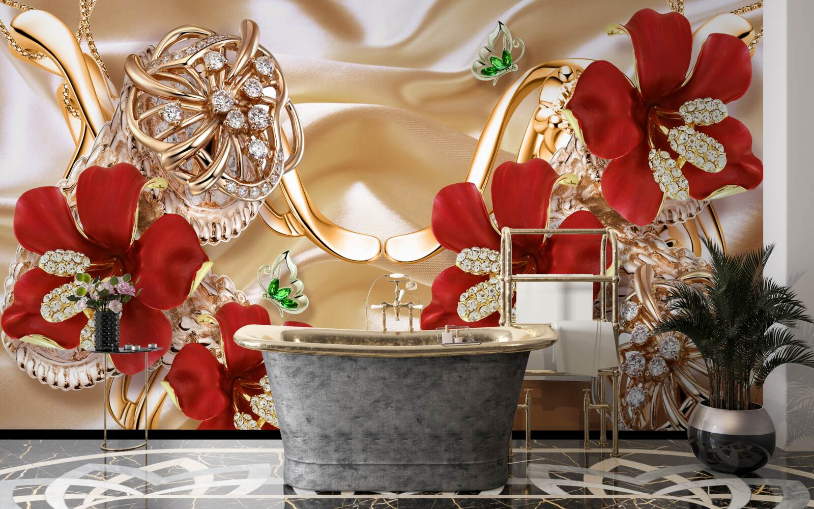 Фотошпалери червоні бутони, прикрашені декоративними елементами на золотому шовку