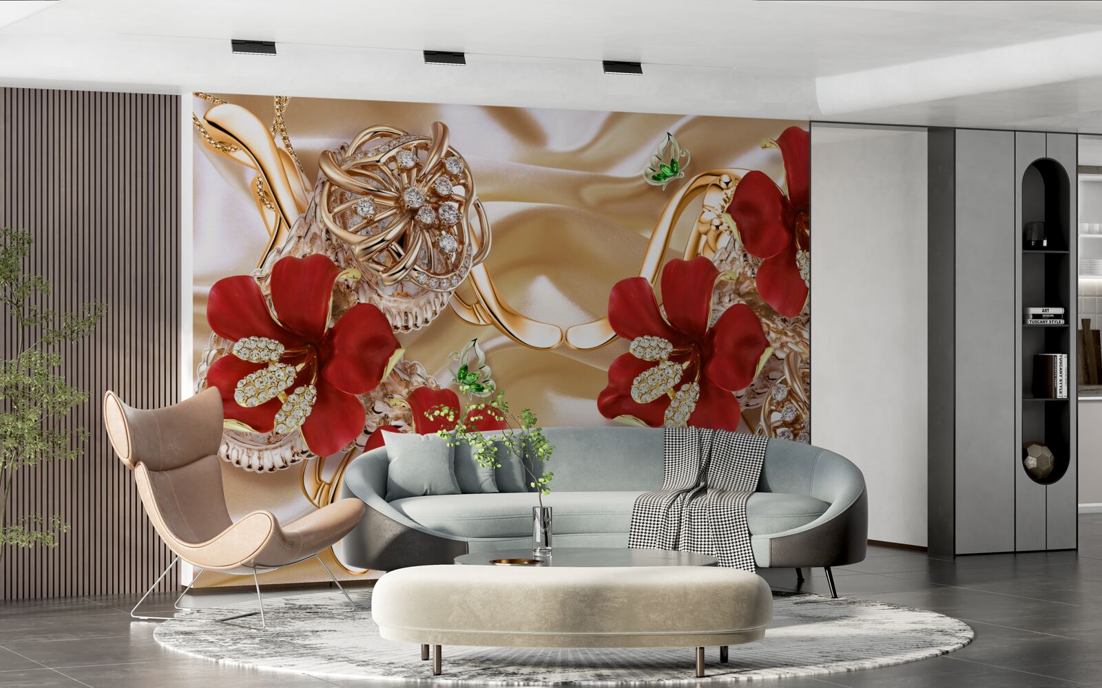 Фотошпалери червоні бутони, прикрашені декоративними елементами на золотому шовку