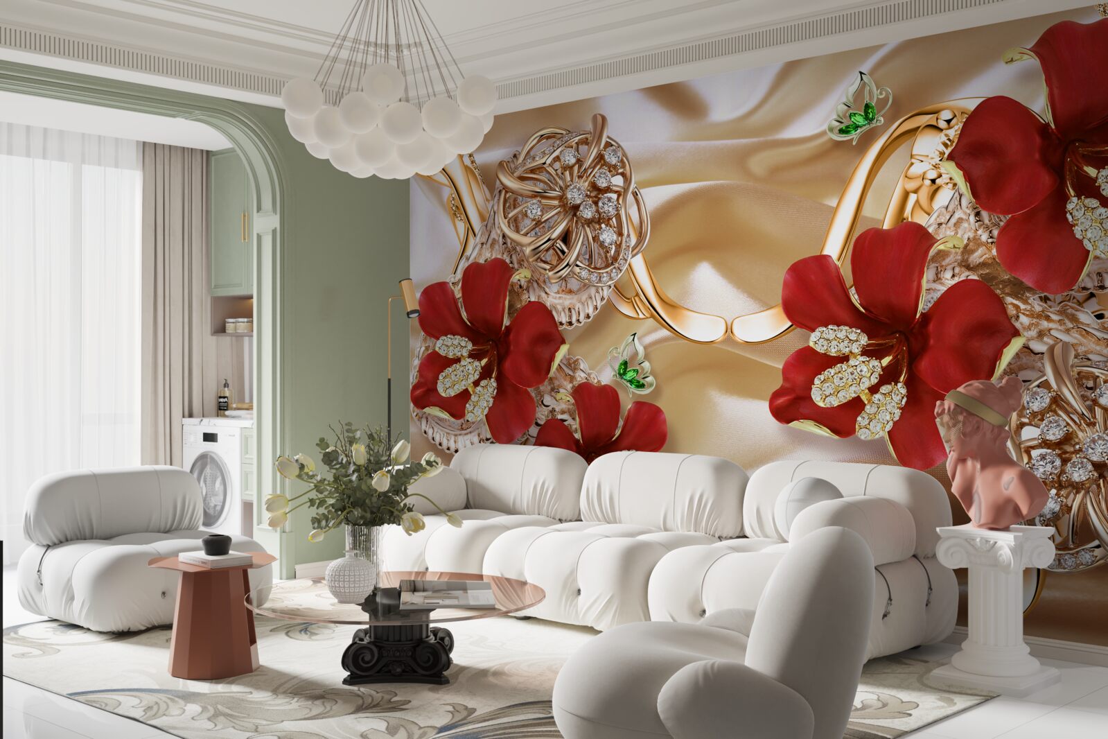 Фотошпалери червоні бутони, прикрашені декоративними елементами на золотому шовку