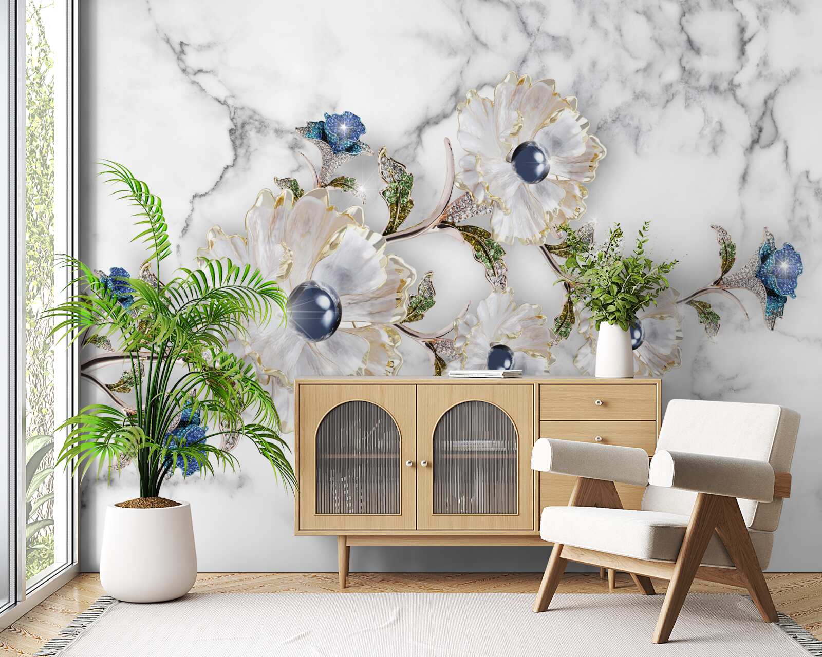 Фотошпалери мармур прикрашений білими квітами з перлинами