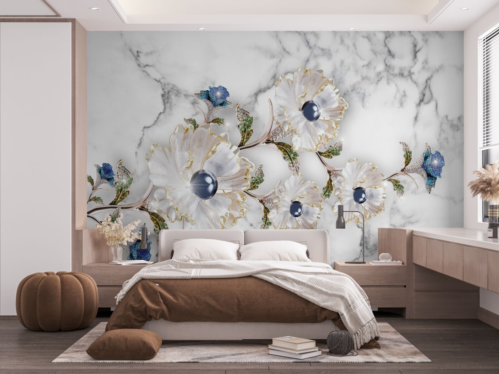 Фотошпалери мармур прикрашений білими квітами з перлинами