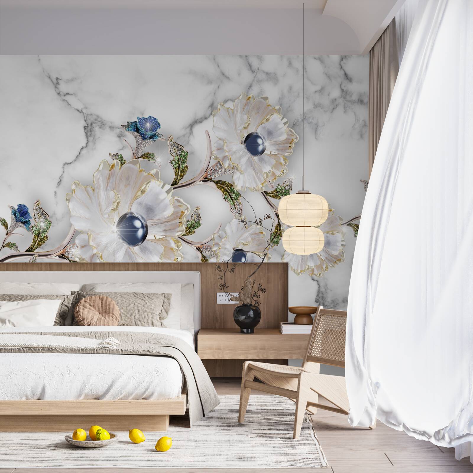 Фотошпалери мармур прикрашений білими квітами з перлинами