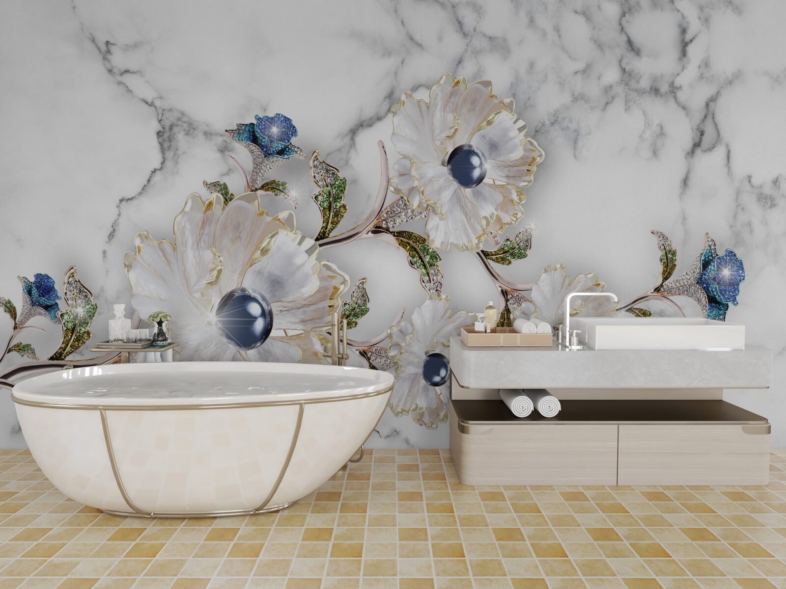 Фотошпалери мармур прикрашений білими квітами з перлинами