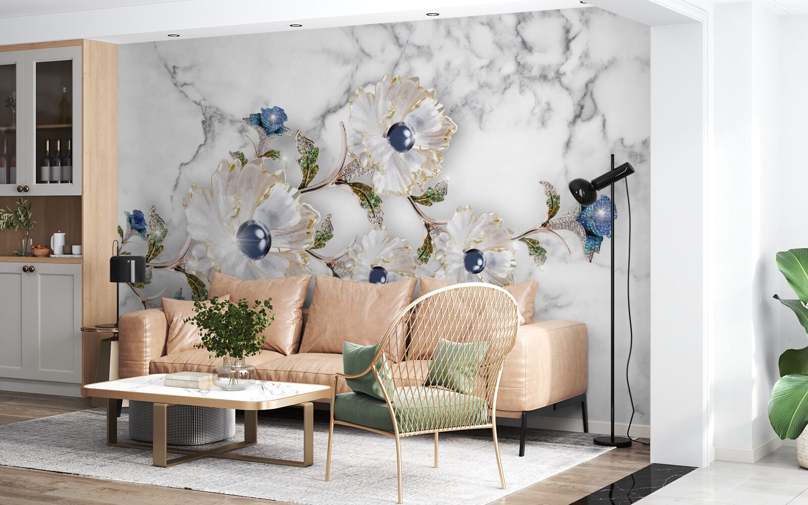 Фотошпалери мармур прикрашений білими квітами з перлинами