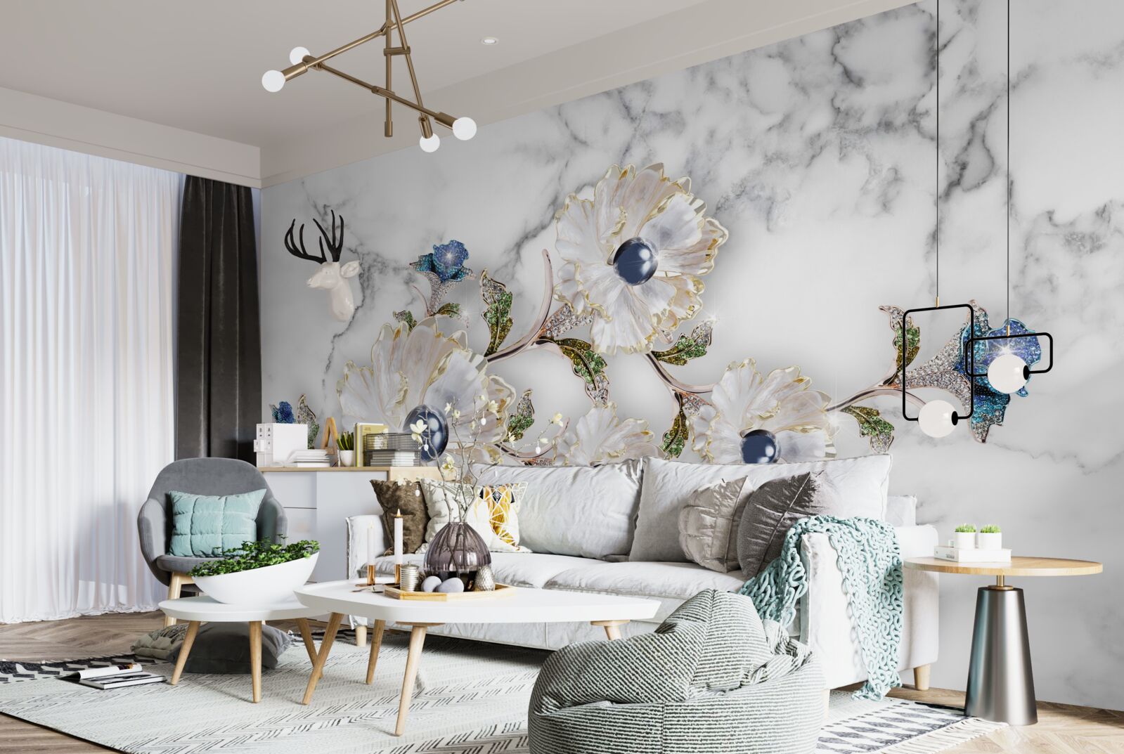 Фотошпалери мармур прикрашений білими квітами з перлинами