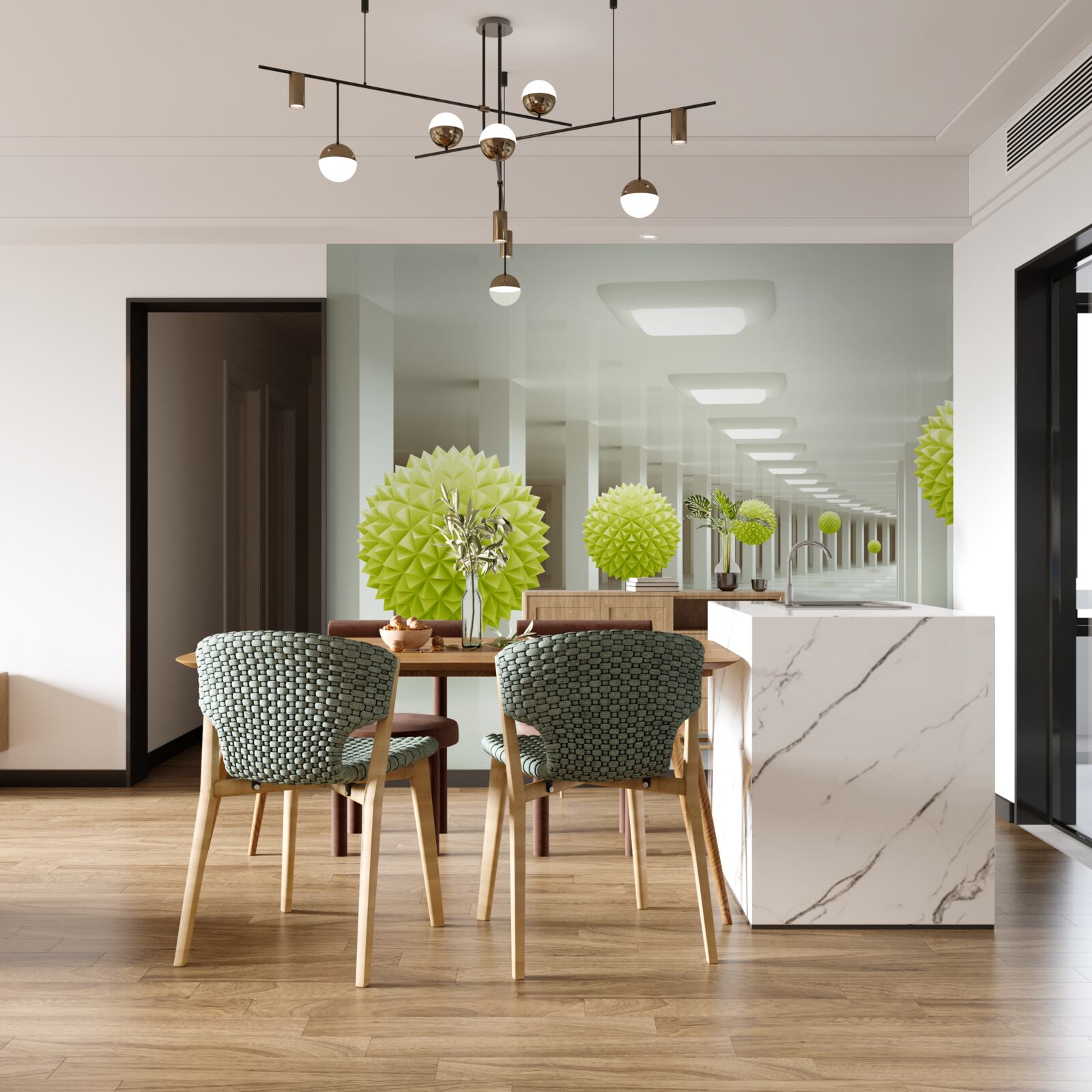 Фотошпалери тунель у перспективі в оточенні жовтих кульок