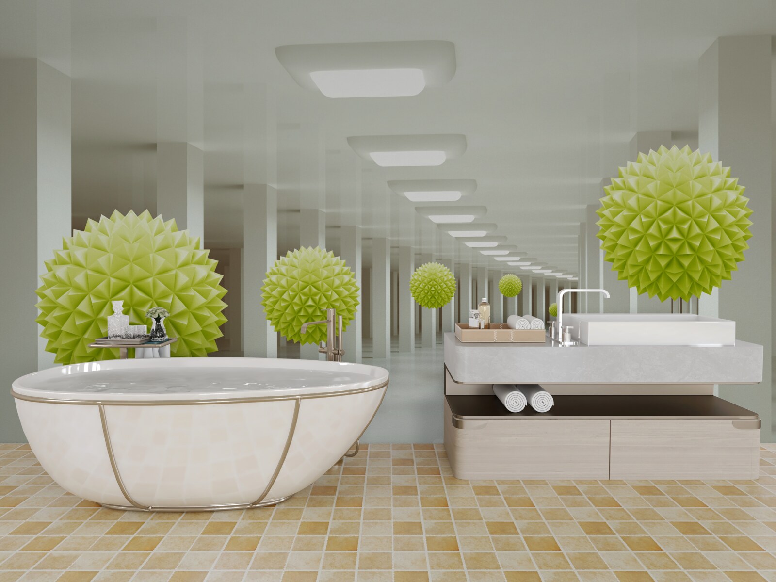 Фотошпалери тунель у перспективі в оточенні жовтих кульок