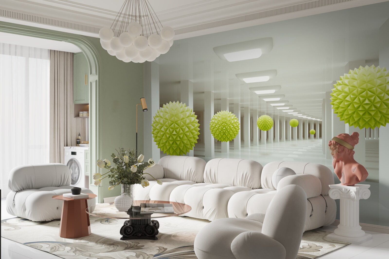 Фотошпалери тунель у перспективі в оточенні жовтих кульок