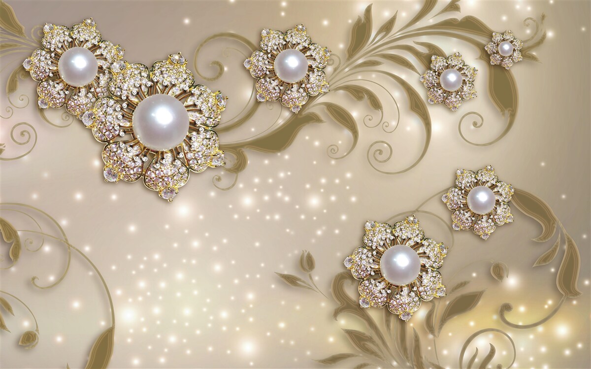Фотошпалери квіткові та перлинні прикраси в золотих тонах