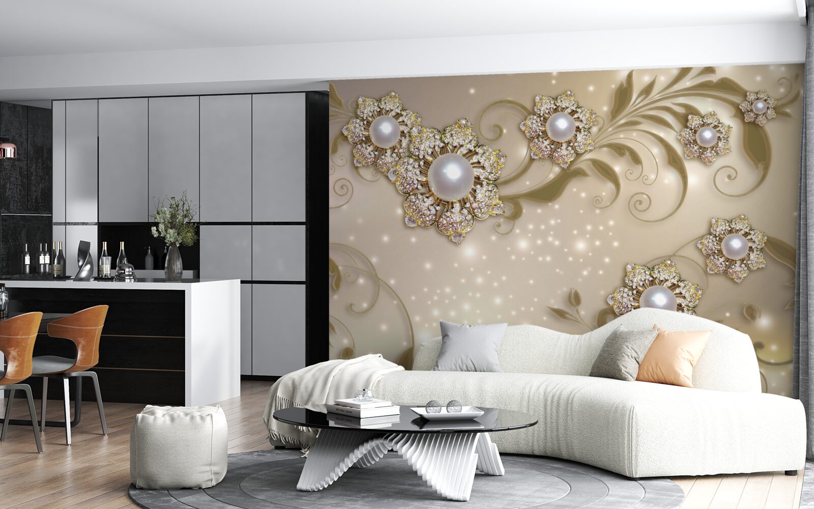 Фотошпалери квіткові та перлинні прикраси в золотих тонах