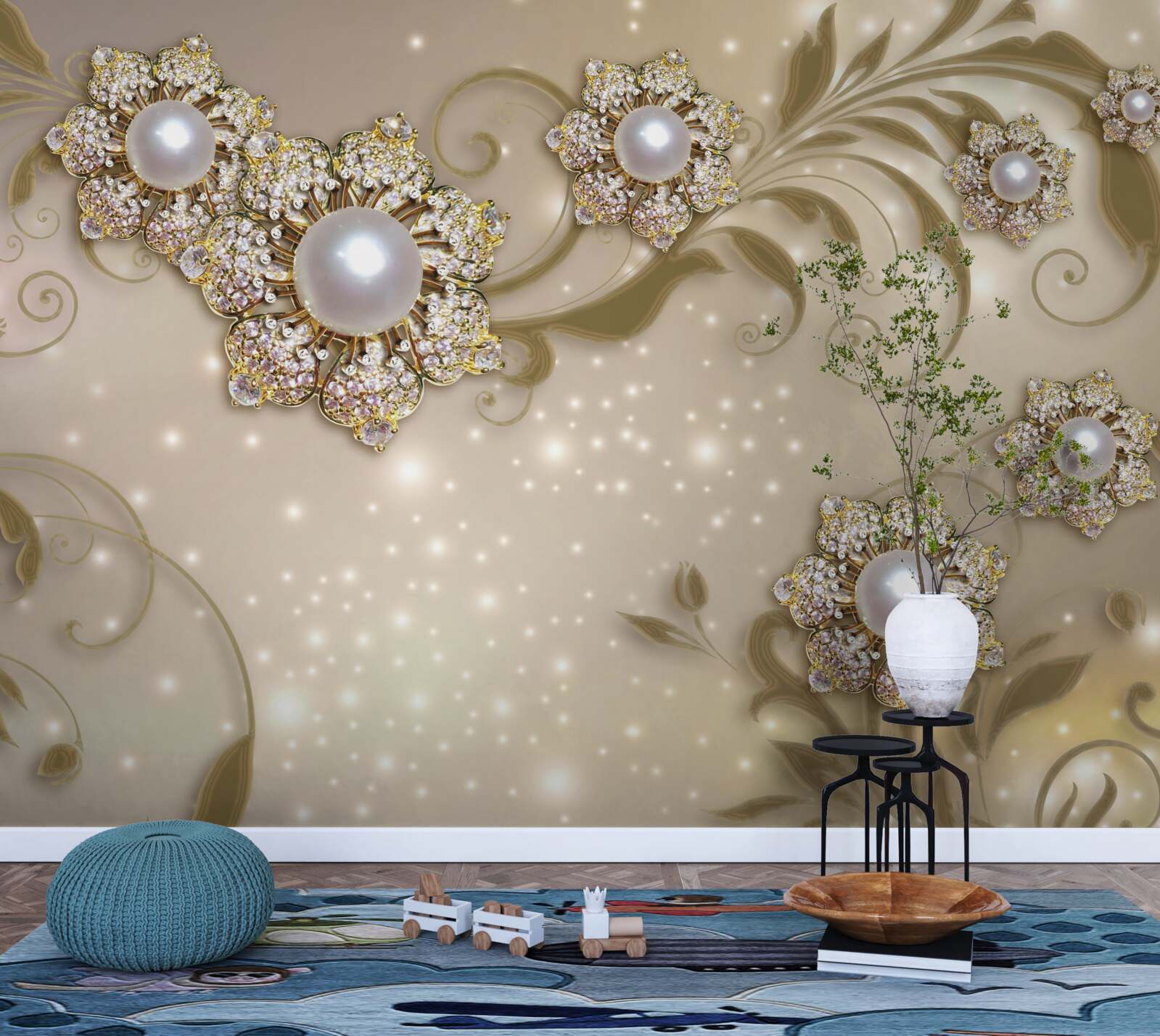 Фотошпалери квіткові та перлинні прикраси в золотих тонах