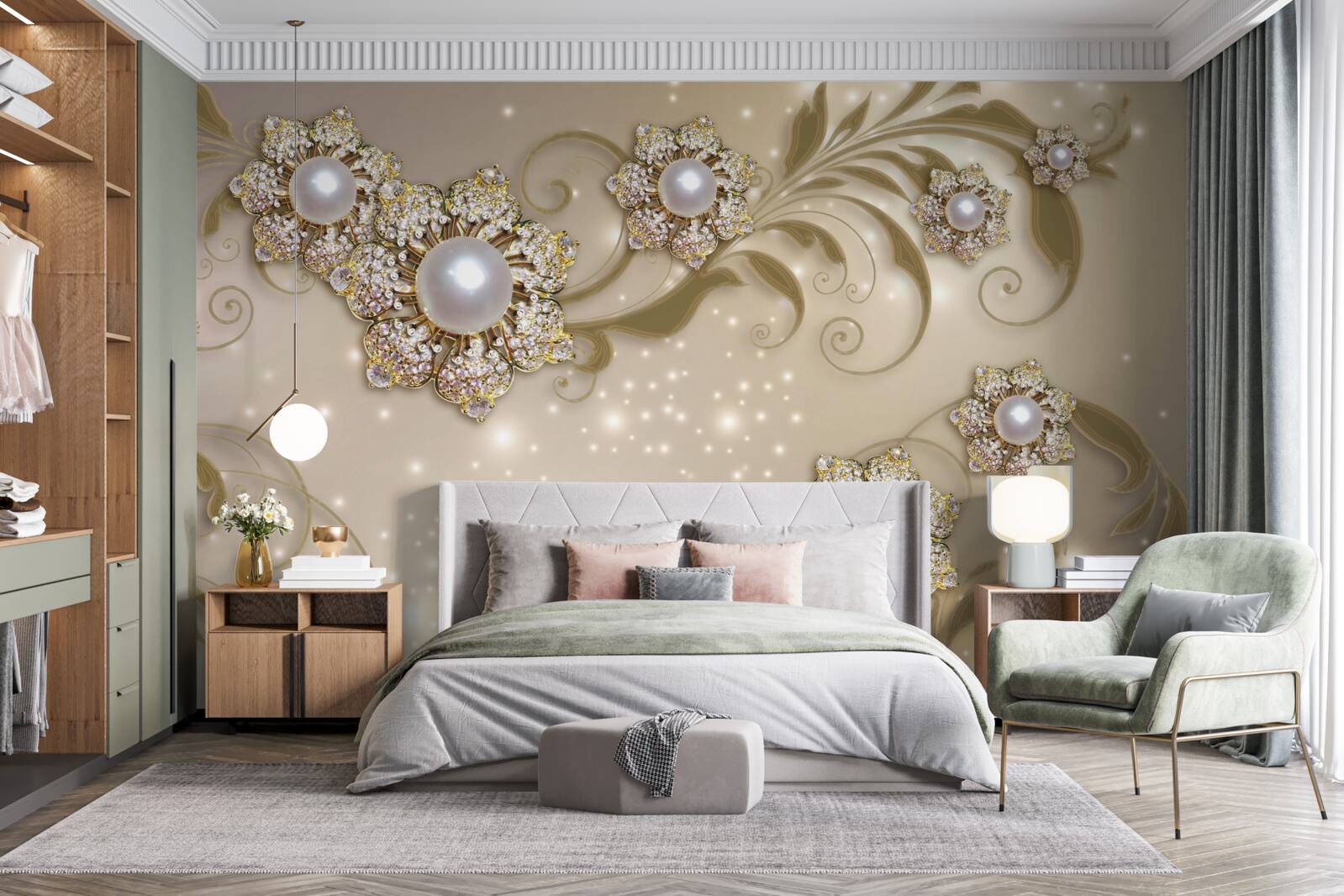 Фотошпалери квіткові та перлинні прикраси в золотих тонах