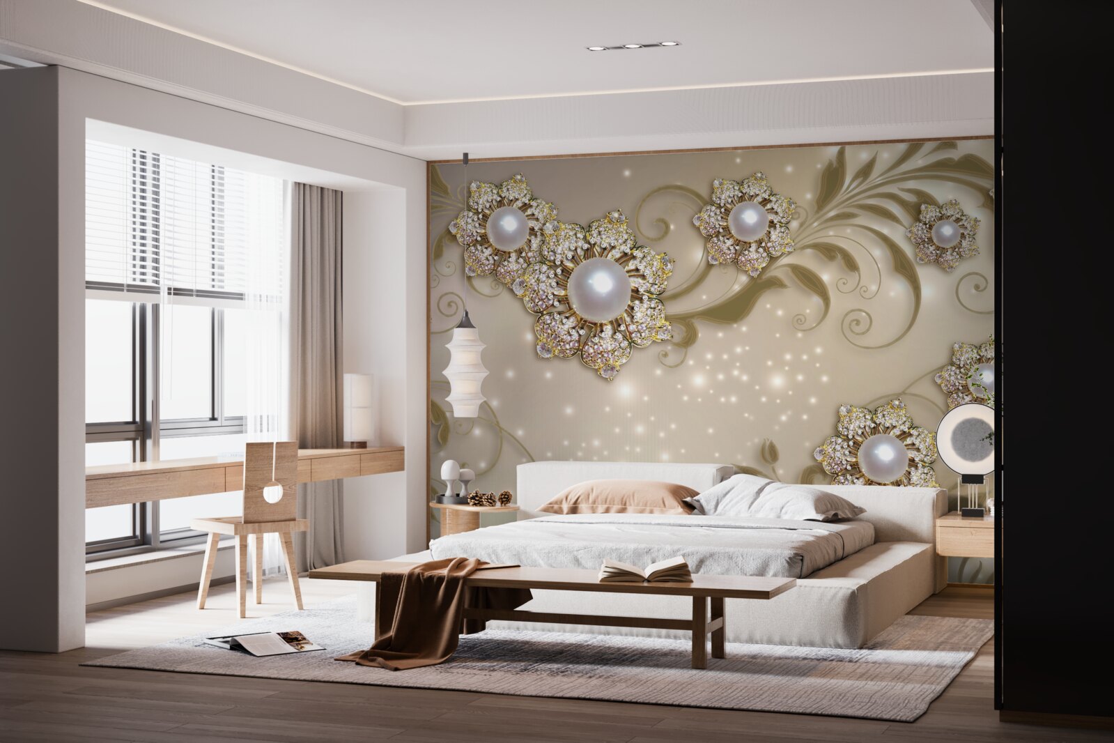 Фотошпалери квіткові та перлинні прикраси в золотих тонах