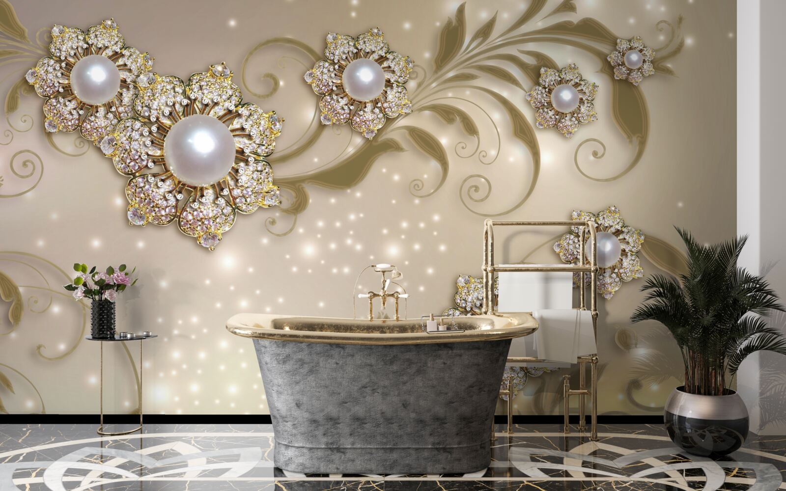 Фотошпалери квіткові та перлинні прикраси в золотих тонах