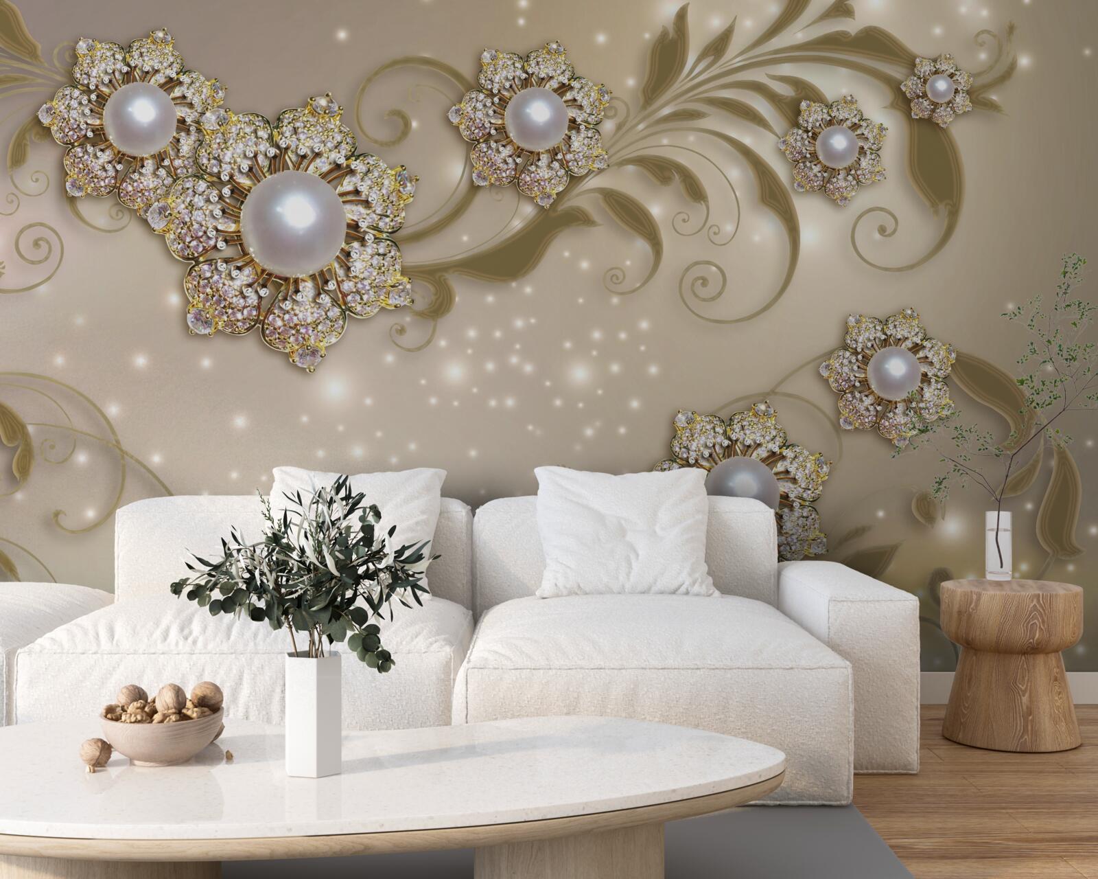 Фотошпалери квіткові та перлинні прикраси в золотих тонах
