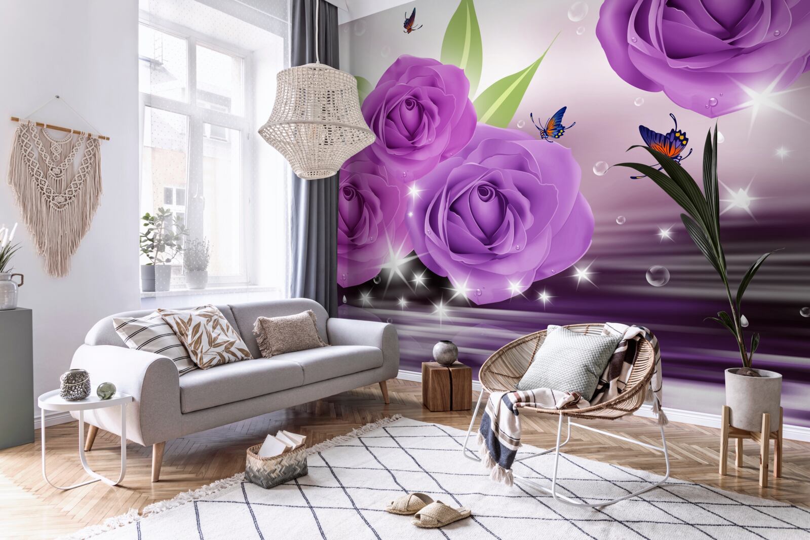 Фотошпалери метелики та троянди мають колір темно-фіолетового бузку