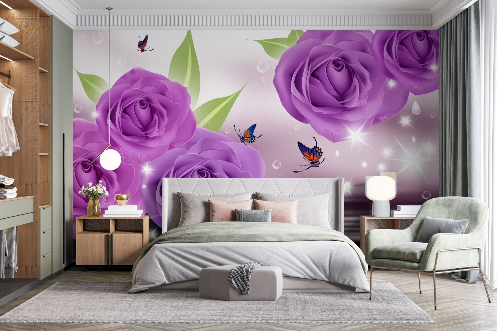 Фотошпалери метелики та троянди мають колір темно-фіолетового бузку