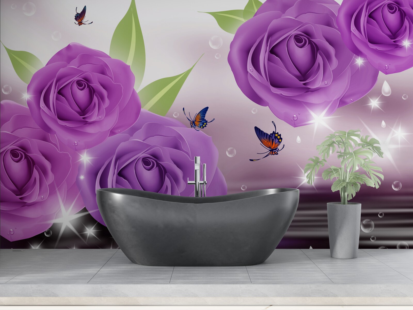 Фотошпалери метелики та троянди мають колір темно-фіолетового бузку