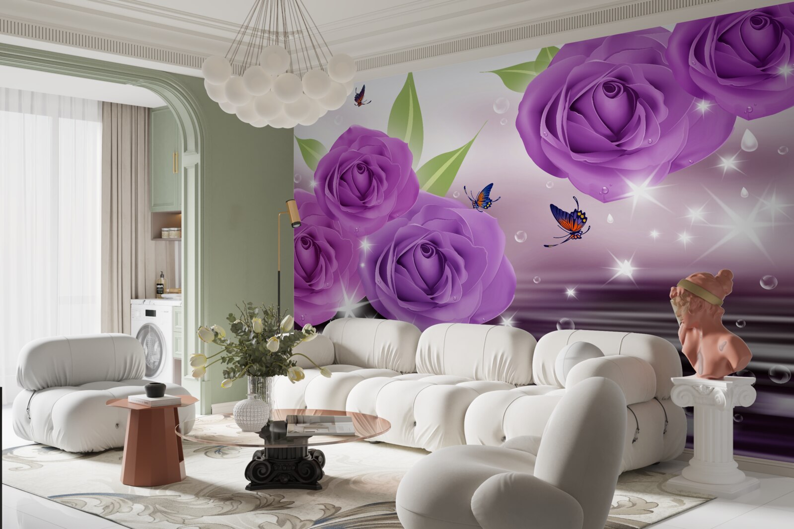 Фотошпалери метелики та троянди мають колір темно-фіолетового бузку