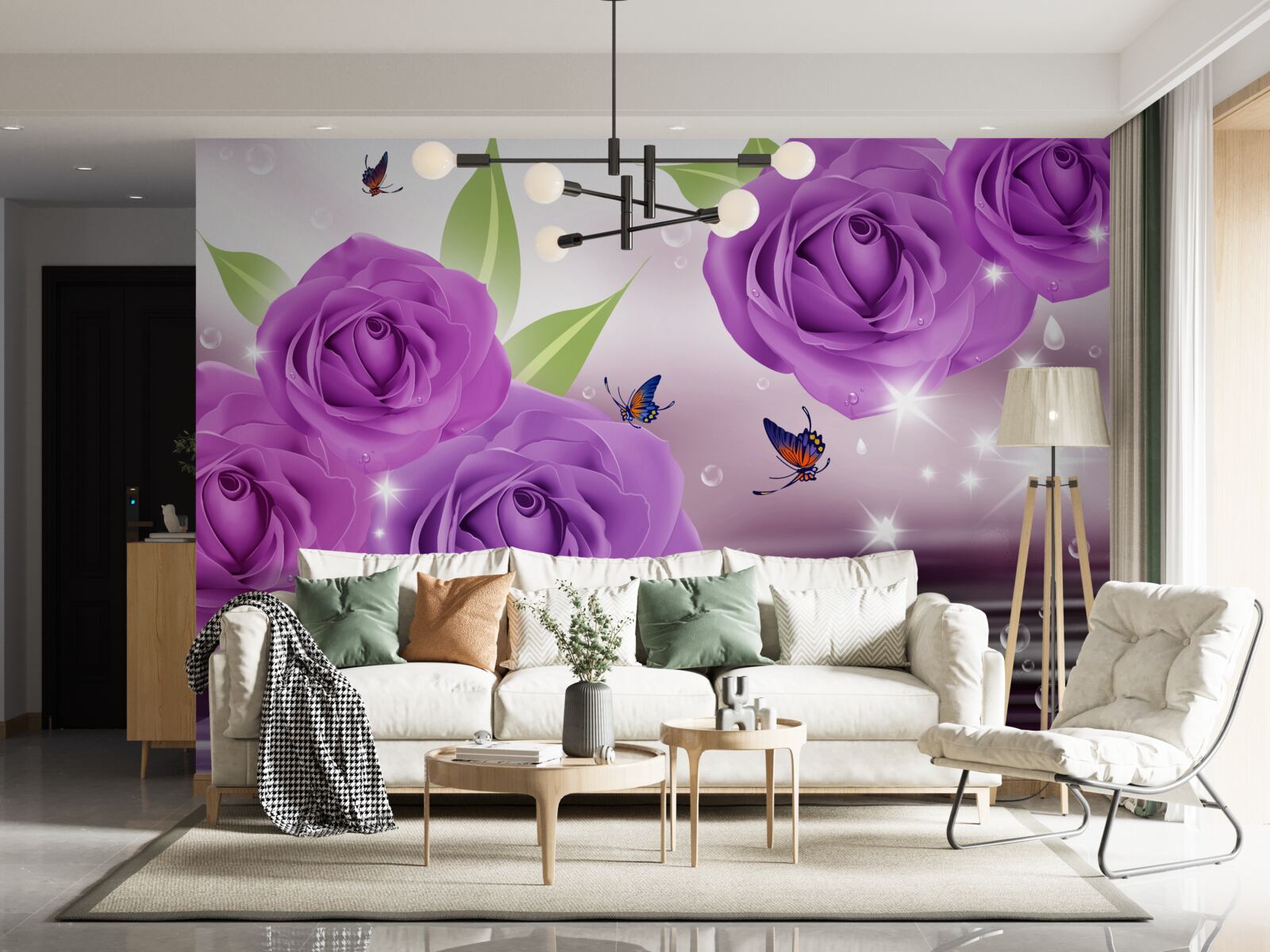 Фотошпалери метелики та троянди мають колір темно-фіолетового бузку