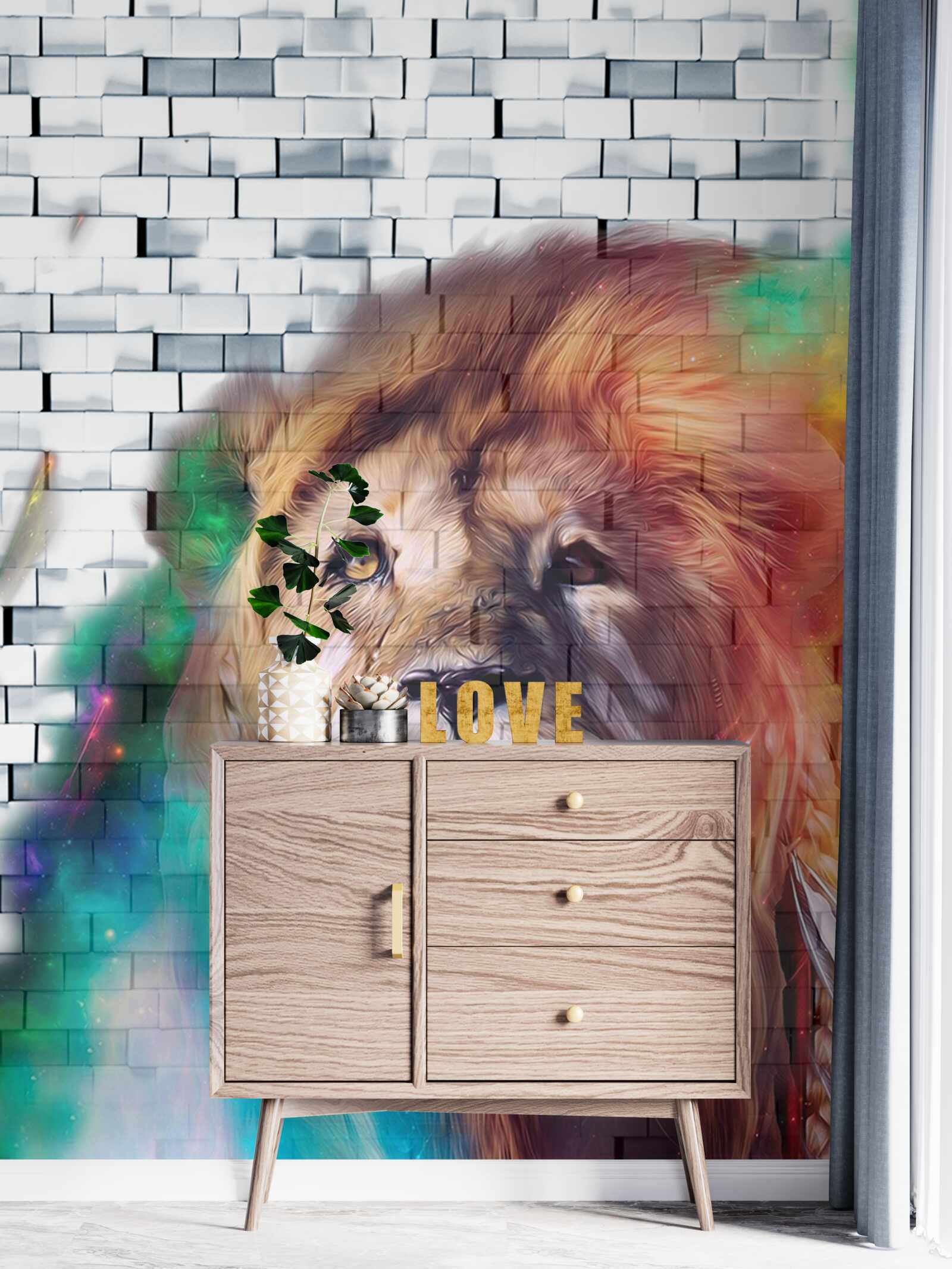 Фотошпалери цар звірів зображений у вигляді абстракції на білому тлі