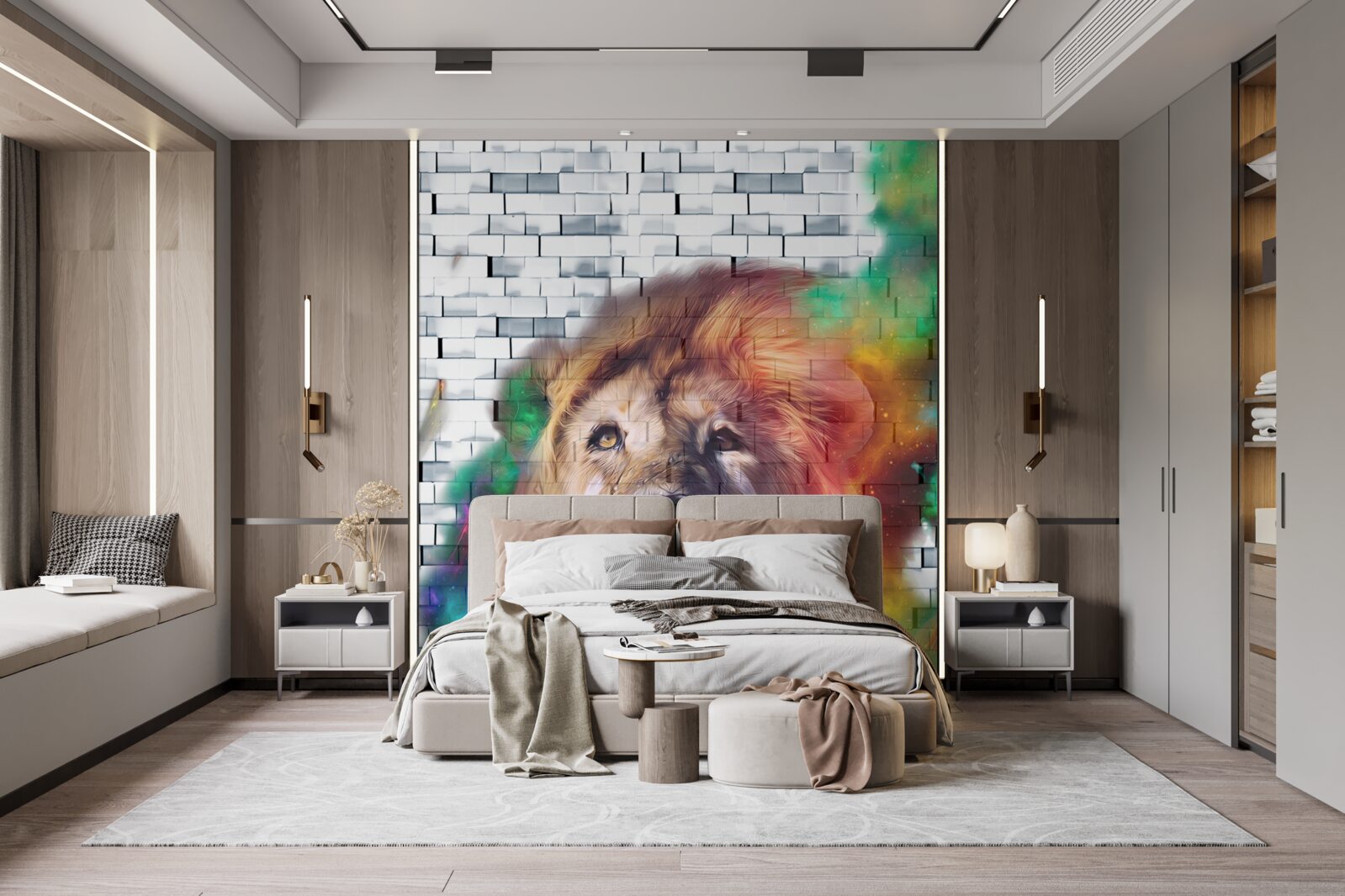 Фотошпалери цар звірів зображений у вигляді абстракції на білому тлі