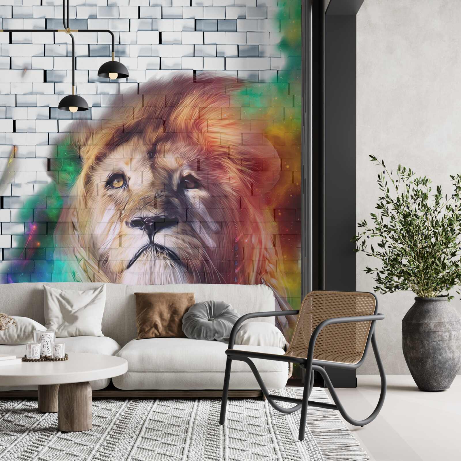 Фотошпалери цар звірів зображений у вигляді абстракції на білому тлі