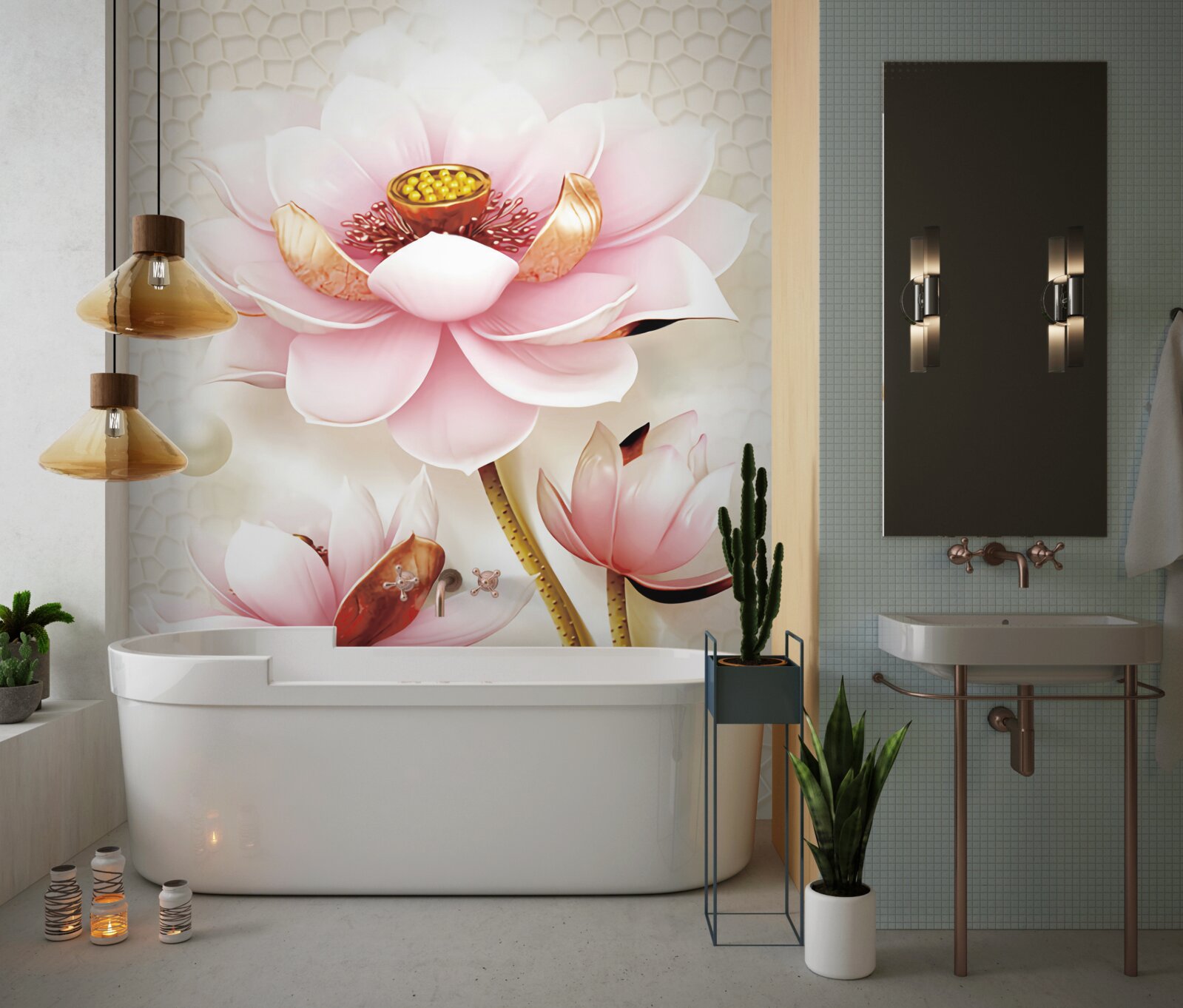 Фотошпалери дві рибки біля лотосів