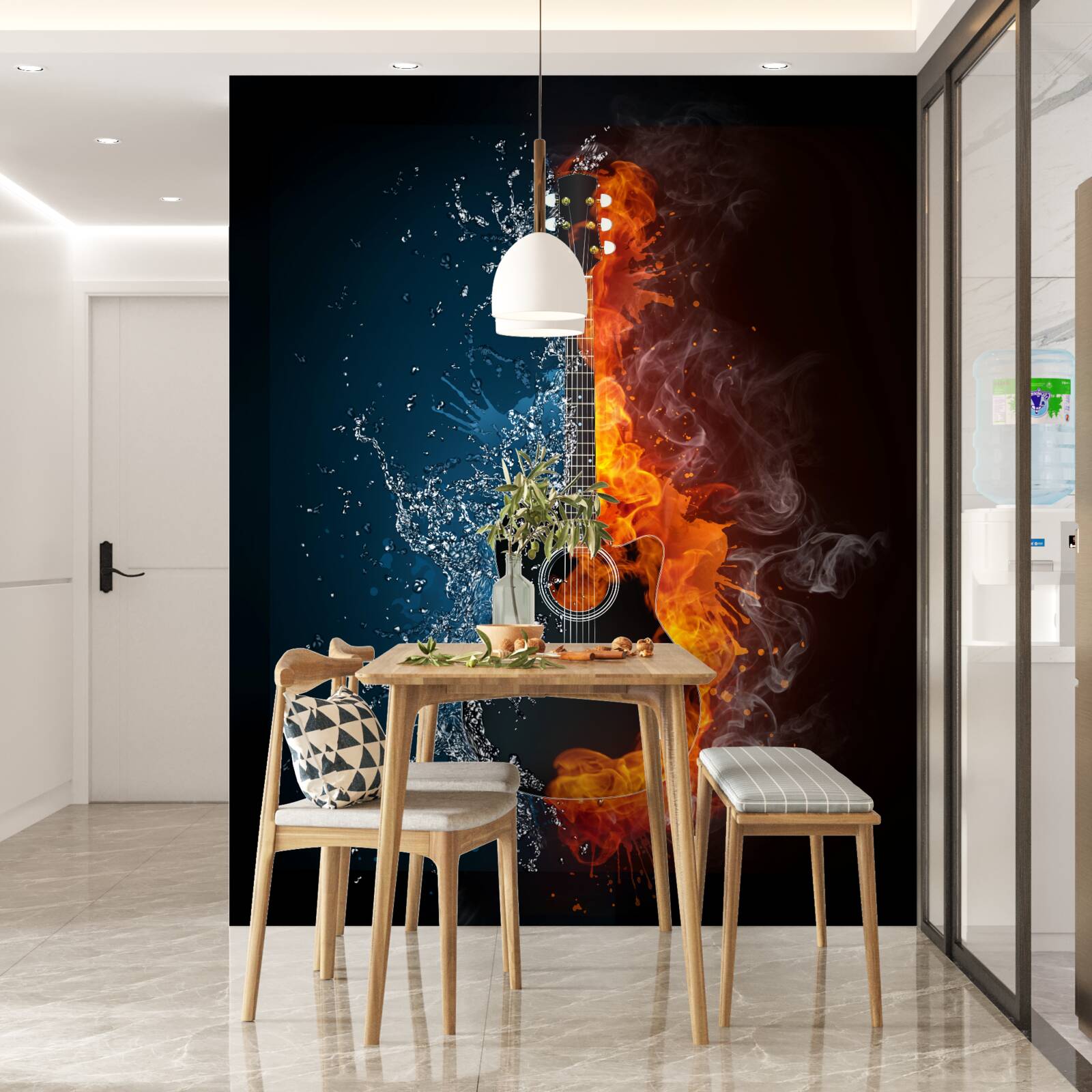 Фотошпалери вода і вогонь оточують гітару