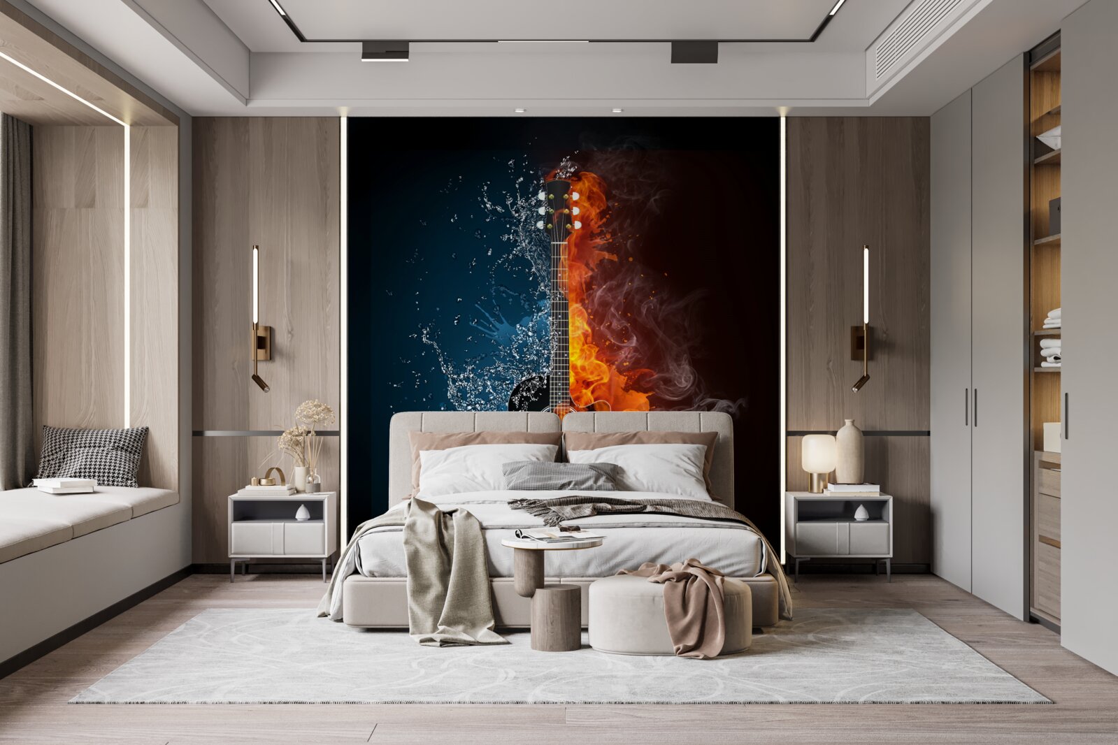 Фотошпалери вода і вогонь оточують гітару