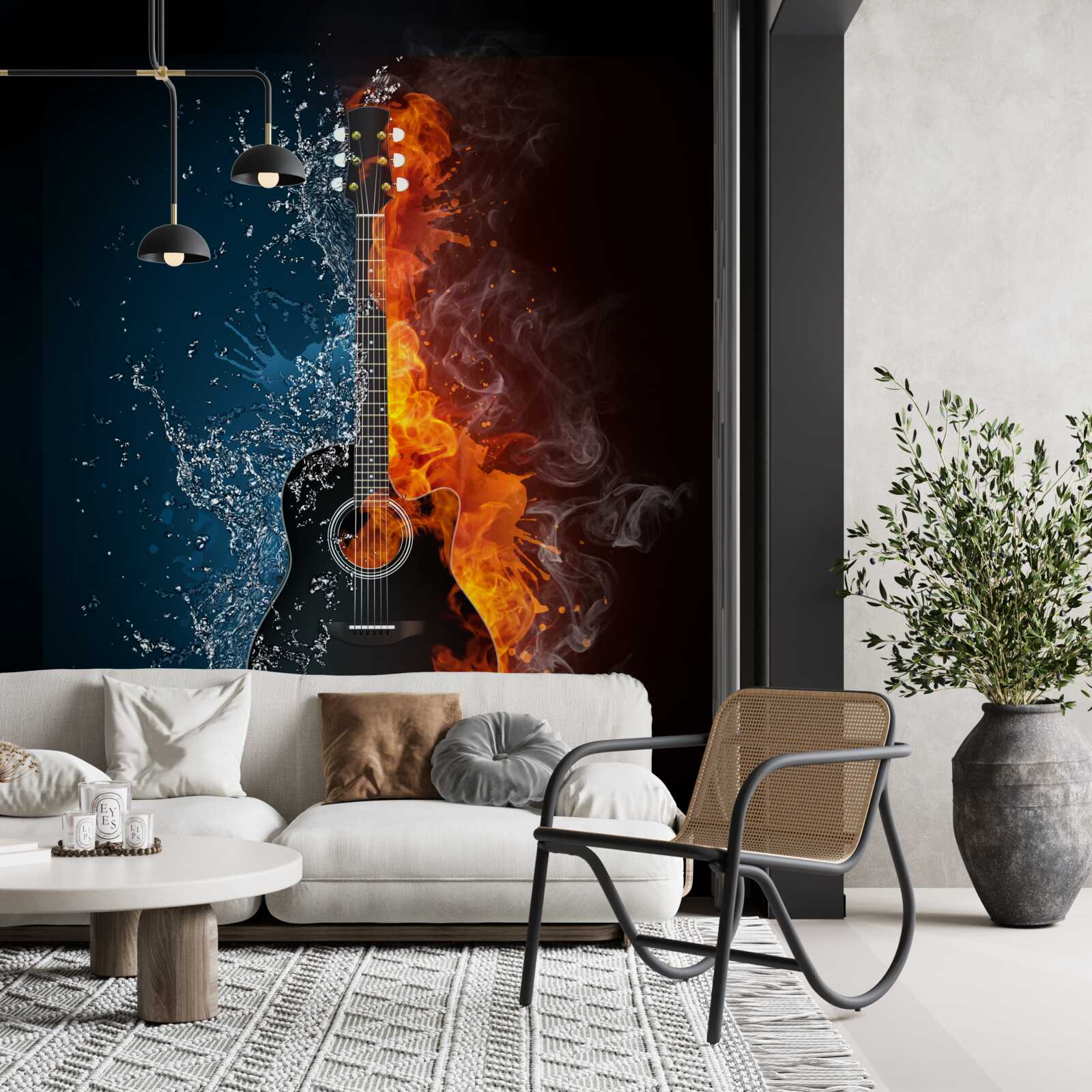 Фотошпалери вода і вогонь оточують гітару