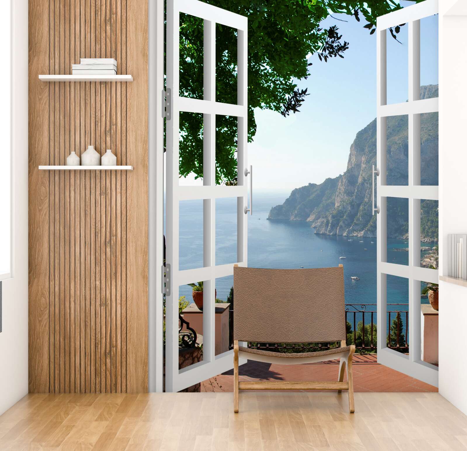 Фотошпалери балкон з видом на мальовничу місцевість