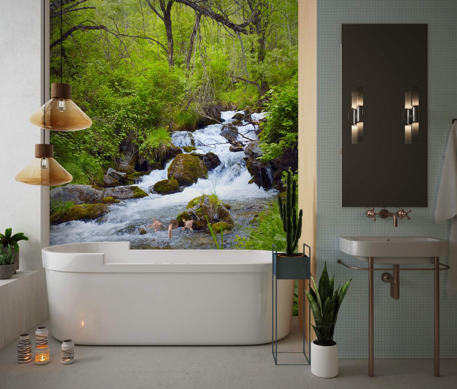 Фотошпалери водоспад, що несамовито тече посеред лісу