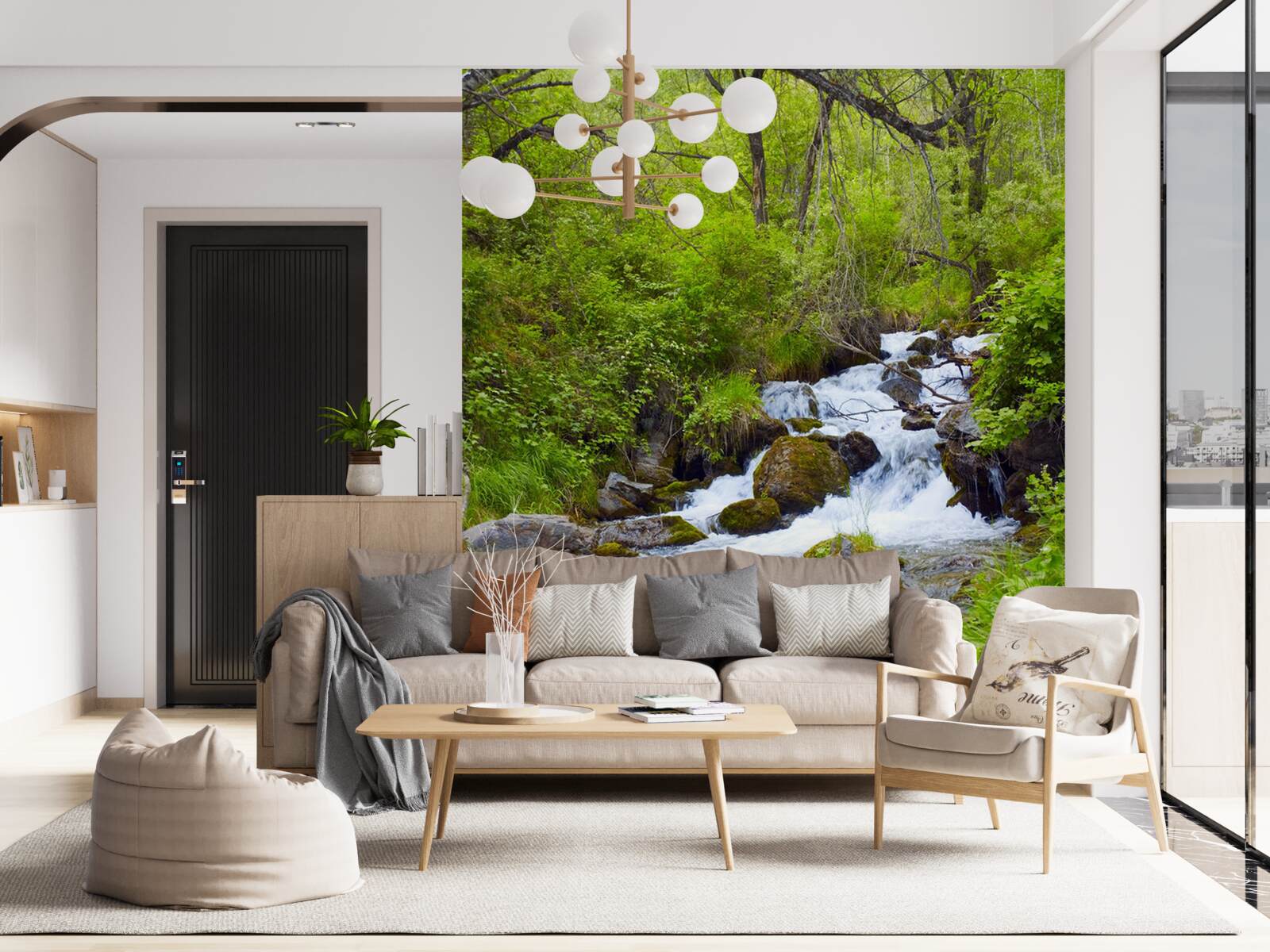 Фотошпалери водоспад, що несамовито тече посеред лісу