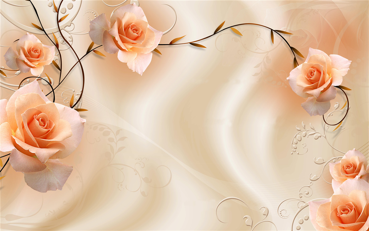 Фотошпалери троянда персикового кольору на гілках і шовку