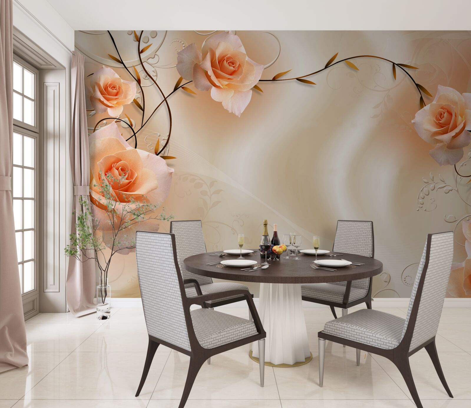 Фотошпалери троянда персикового кольору на гілках і шовку