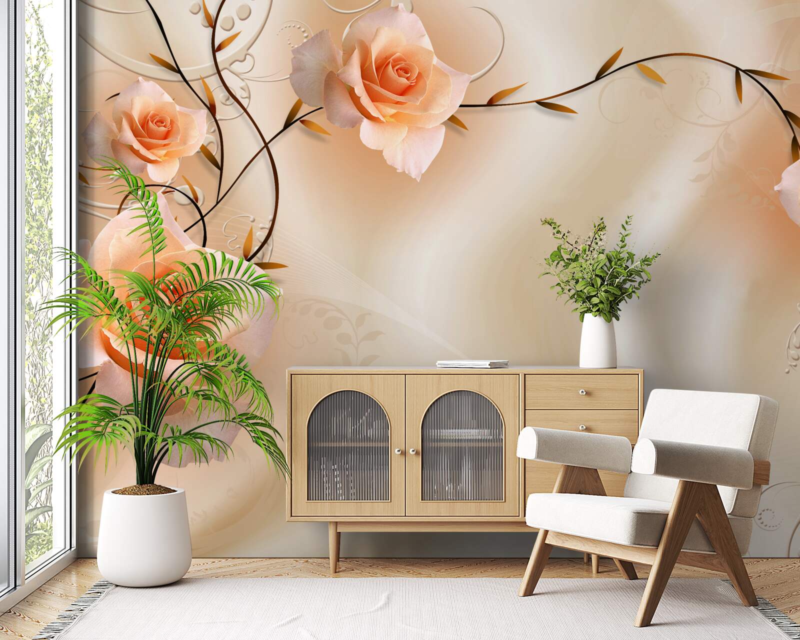 Фотошпалери троянда персикового кольору на гілках і шовку