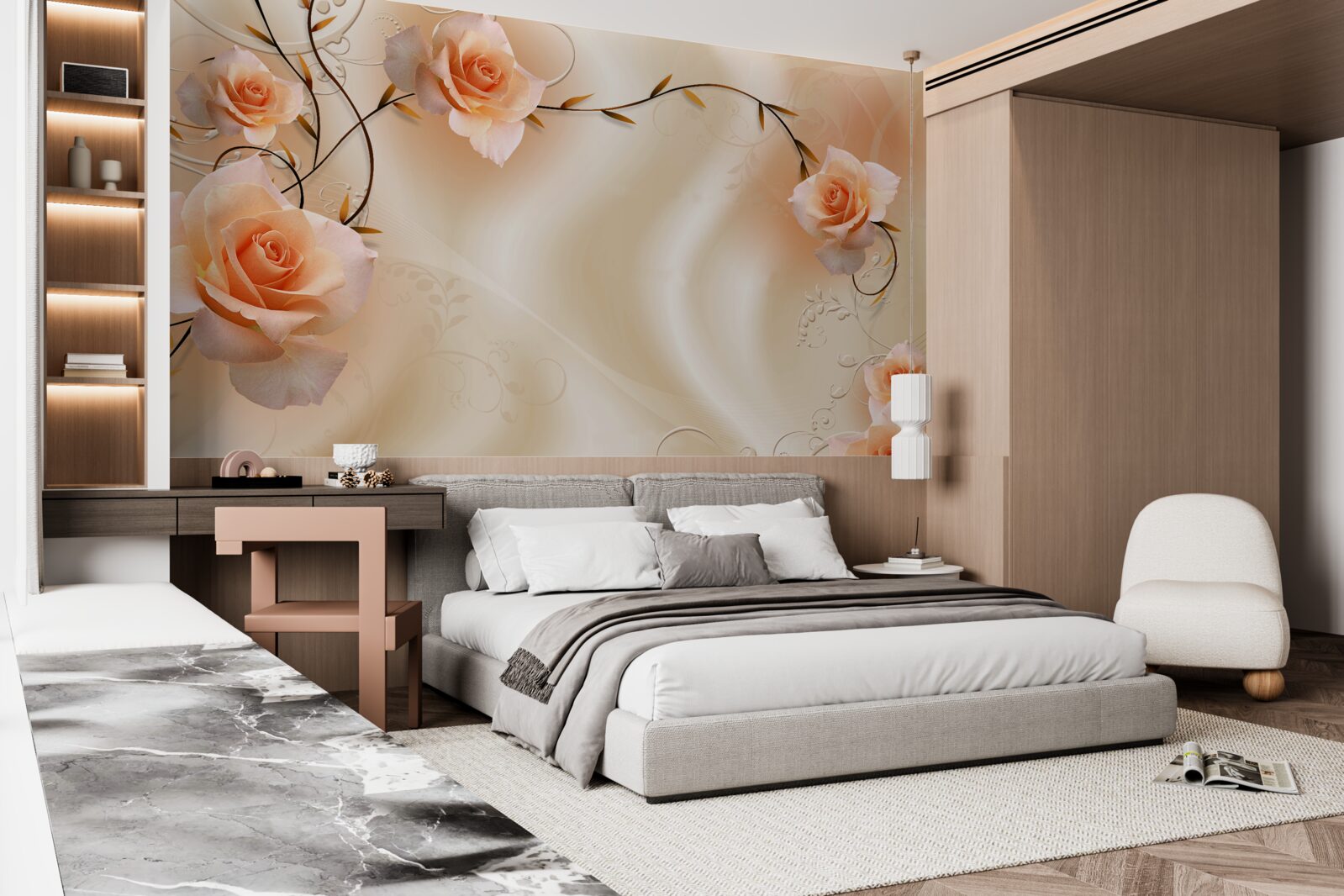 Фотошпалери троянда персикового кольору на гілках і шовку