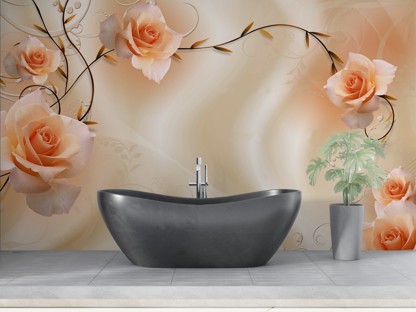 Фотошпалери троянда персикового кольору на гілках і шовку