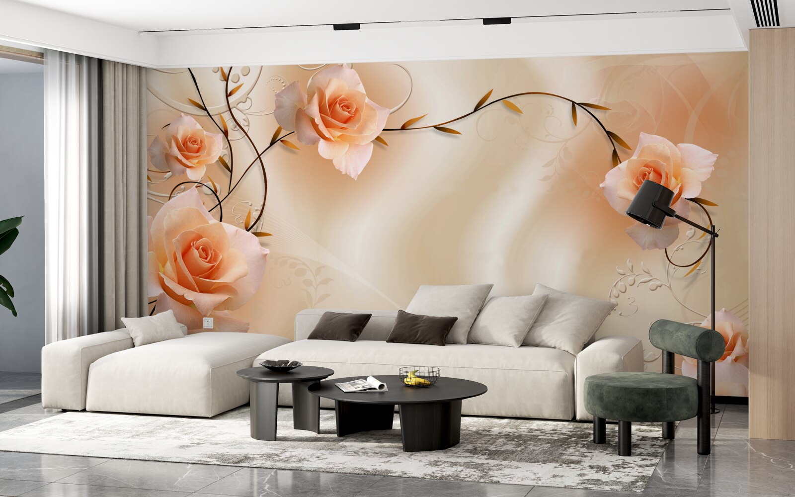 Фотошпалери троянда персикового кольору на гілках і шовку