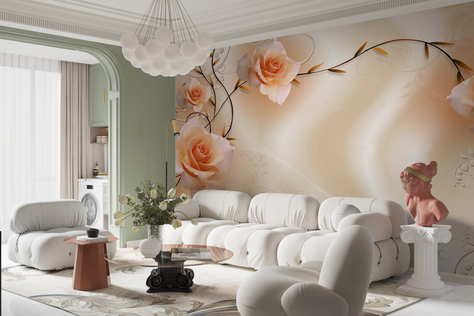 Фотошпалери троянда персикового кольору на гілках і шовку