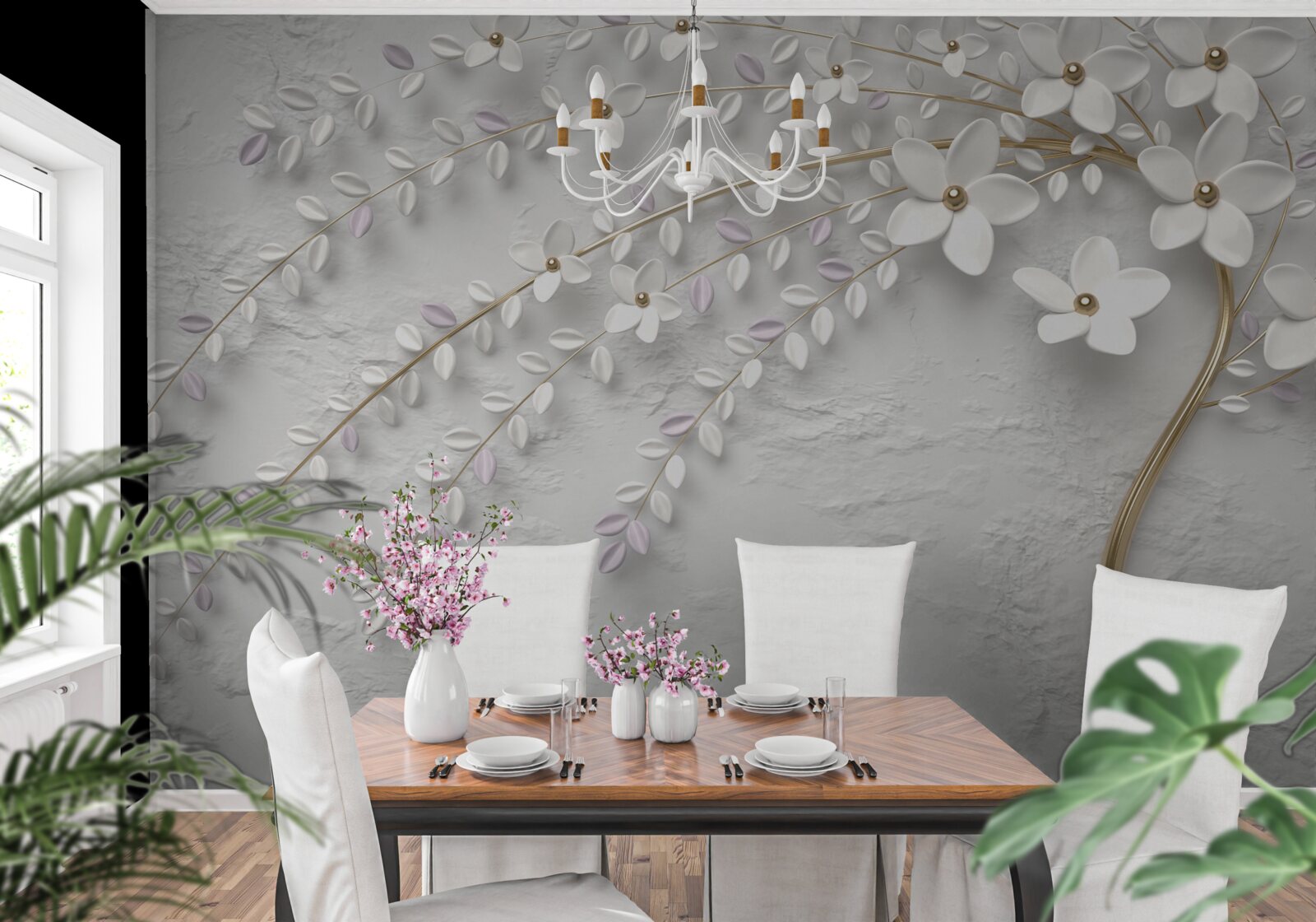 Фотошпалери весняне дерево, прикрашене білими квітами