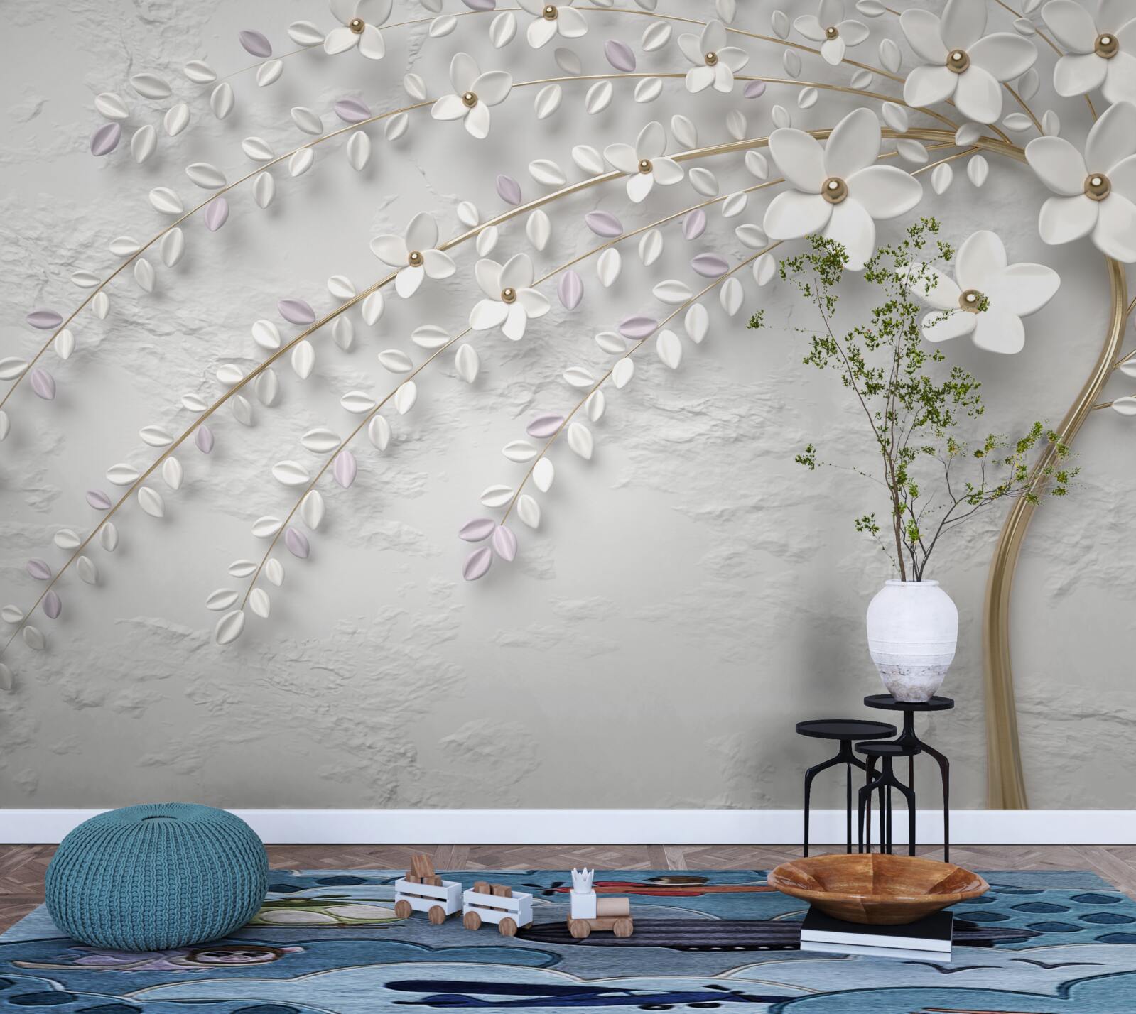 Фотошпалери весняне дерево, прикрашене білими квітами