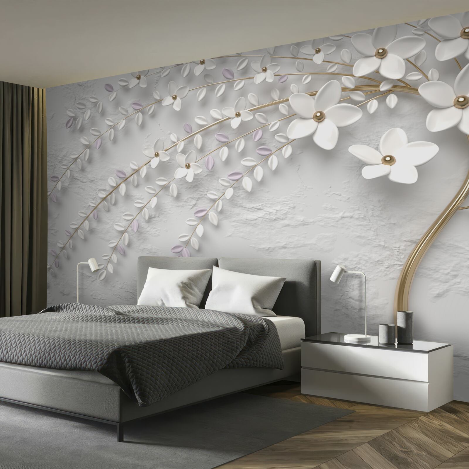 Фотошпалери весняне дерево, прикрашене білими квітами