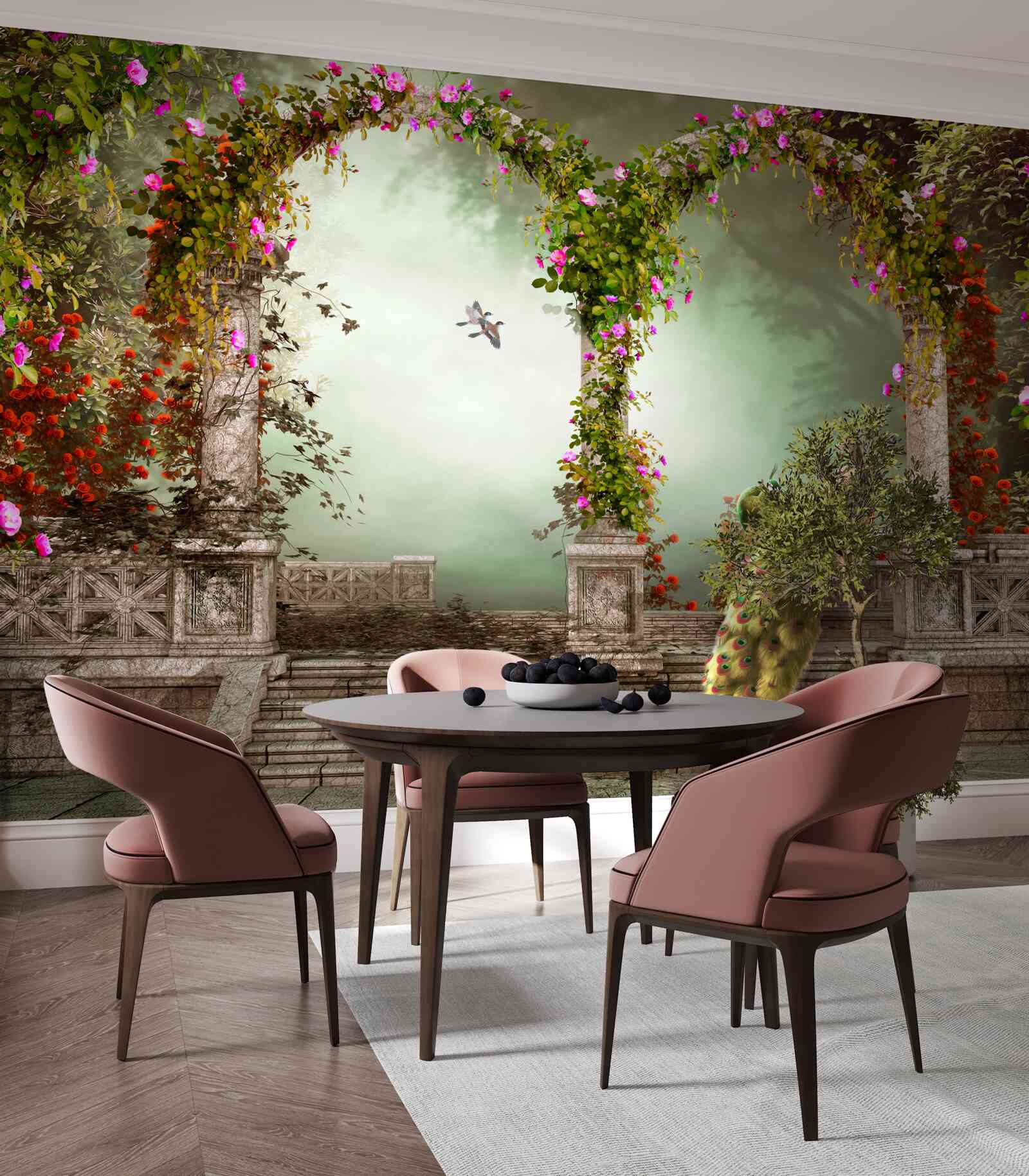 Фотошпалери павич у зелених арках, вкритих листям